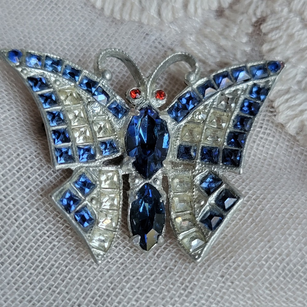 Vintage 1940s Butterfly Brooch Blue White Red Rhinestone Pot Metal Deco Style